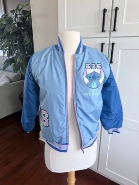 Disney Lilo and Stitch girls' zip-up bomber varsity jacket 10/12